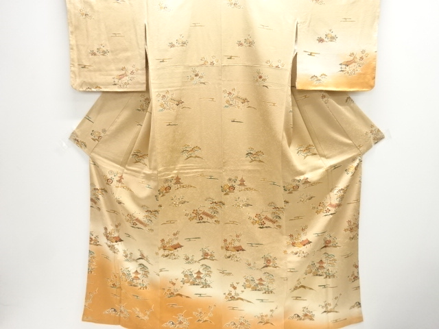 家屋に草花模様訪問着